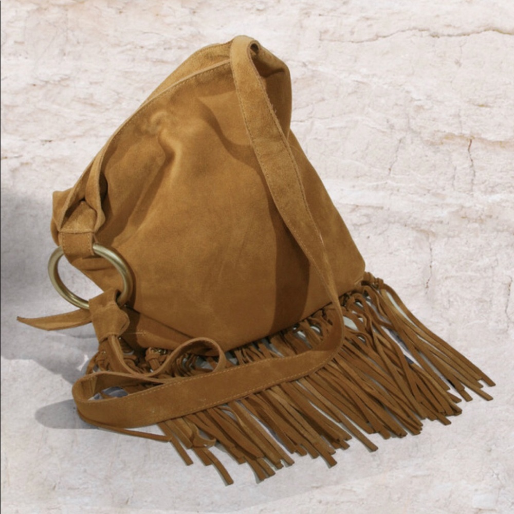 Suede Boho Hobo bag with long fringe.